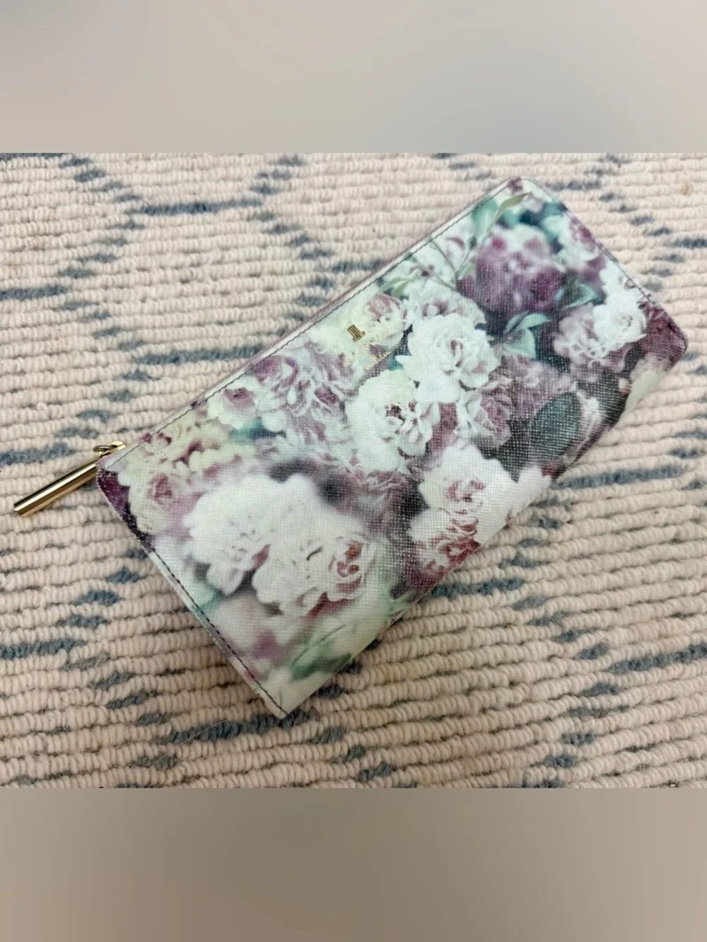LANVIN En Bleu Lavender Floral Print Leather L-Shaped Zip Long Wallet/Clutch